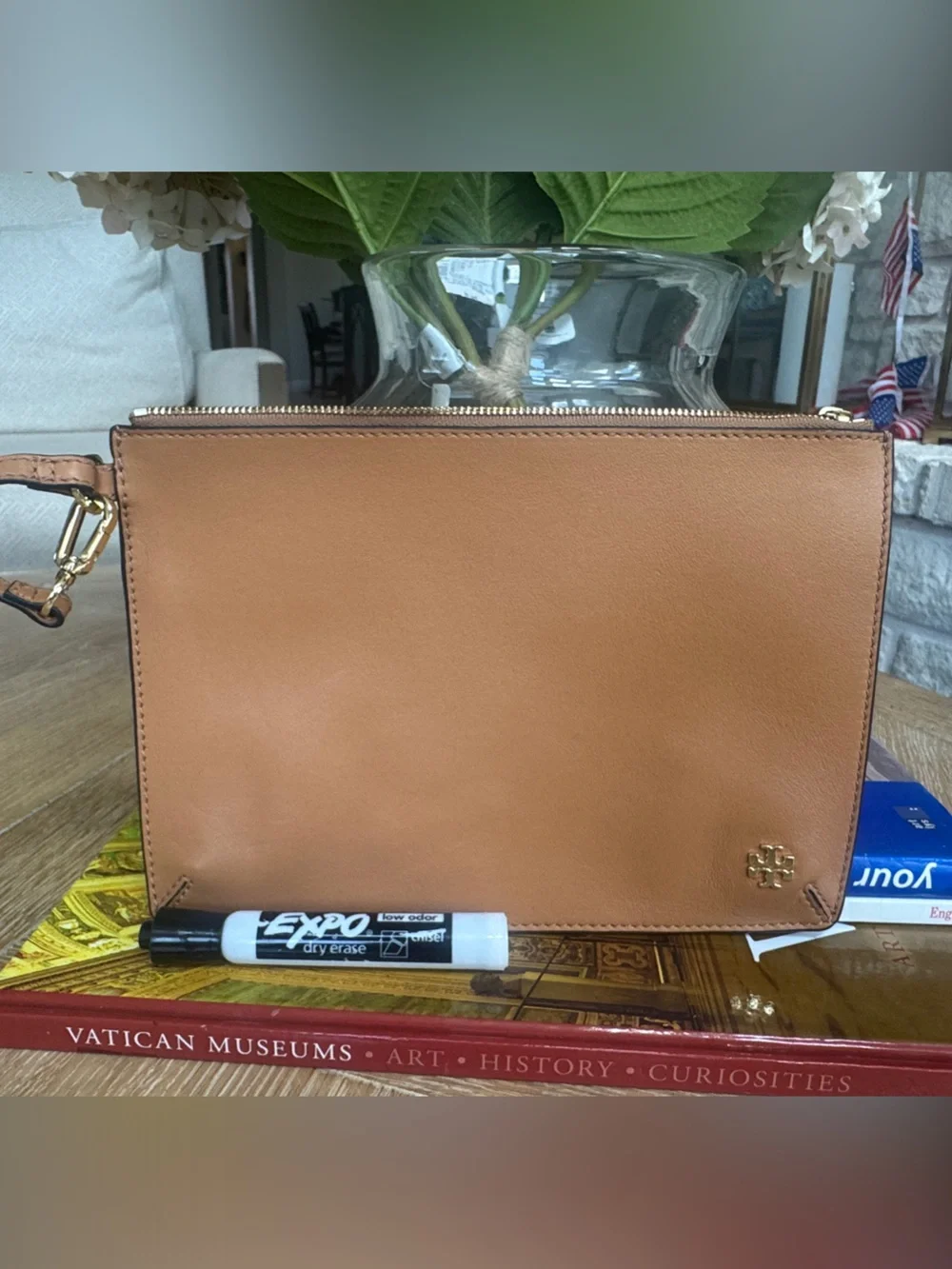 Tory Burch Cognac Leather Wristlet with Gold Hardware